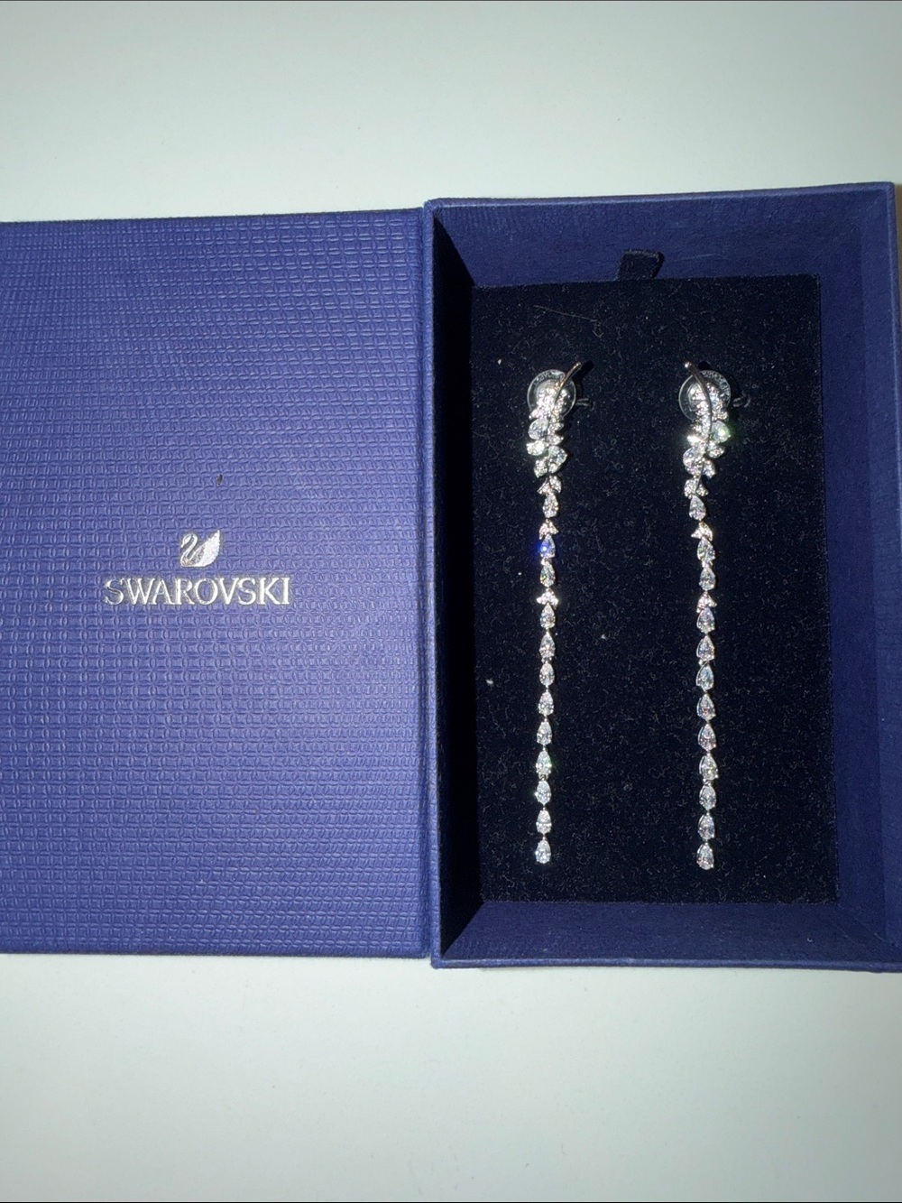 Swarovski Silver-Tone Clear Crystal Linear Drop Earrings - Picture 1 of 4